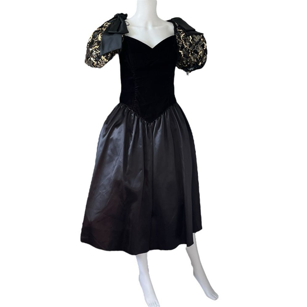 Vintage Roberta Black Velvet Tafetta Puff Sleeve Dress Satin Bow Gold Sequin